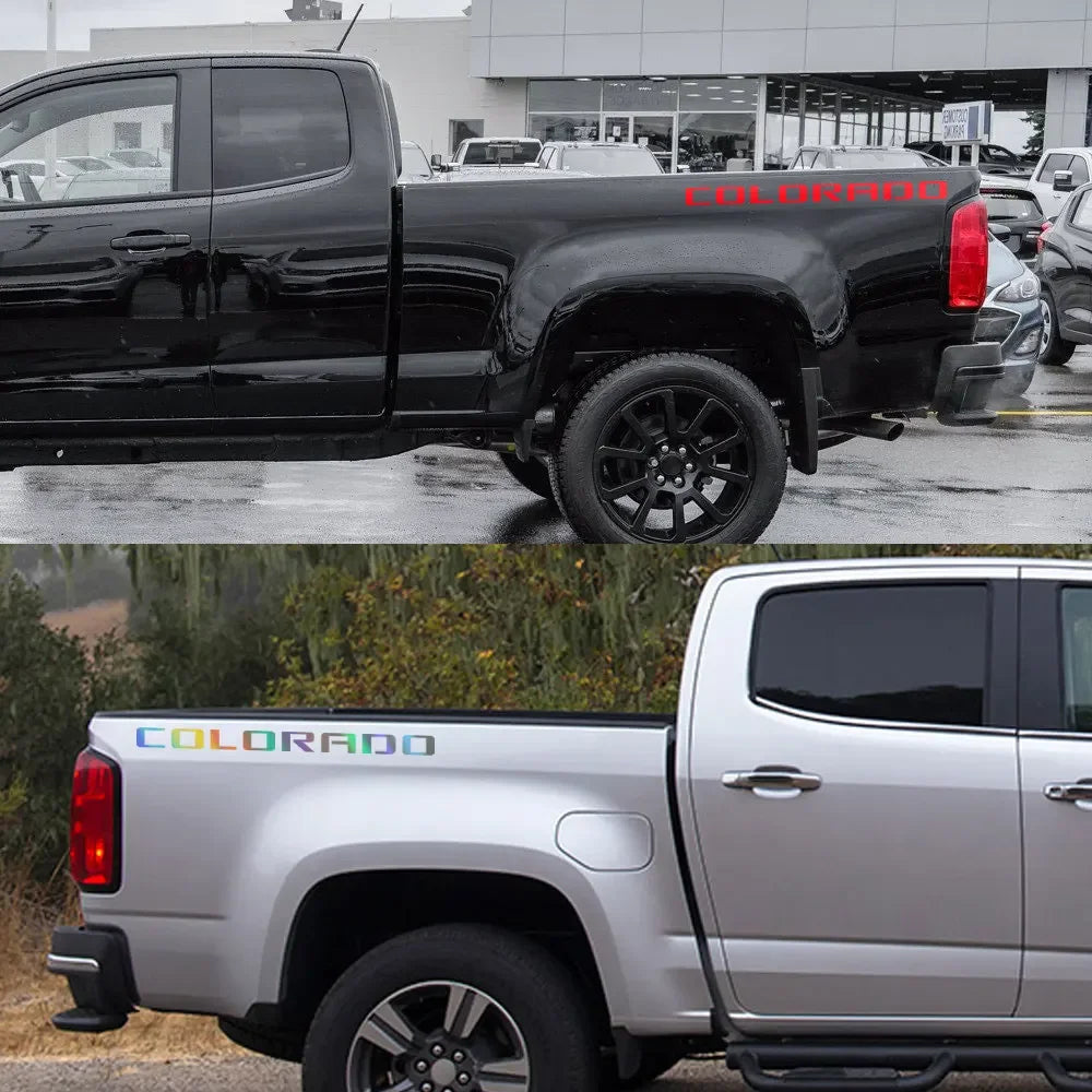 Two-piece Chevrolet Colorado rear trunk side decal vinyl graphic by Quality Prints USA on a pickup truck.