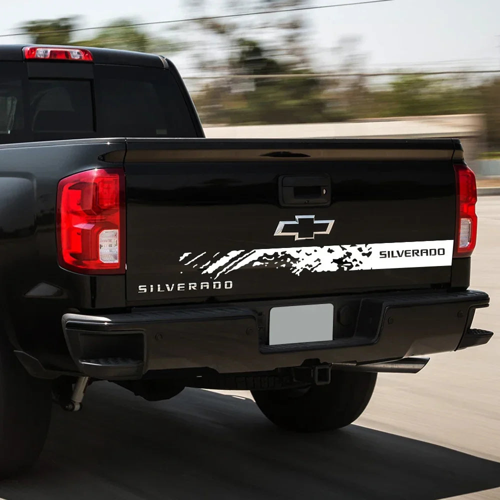 Splash style Chevrolet Silverado vinyl decal for back door or tailgate, featuring bold truck sticker design by Quality Prints USA.