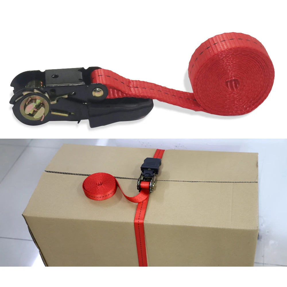 Gm Service Guy ratchet binding strap for motorcycle luggage, transport, and cargo securing with adjustable fasten belt.