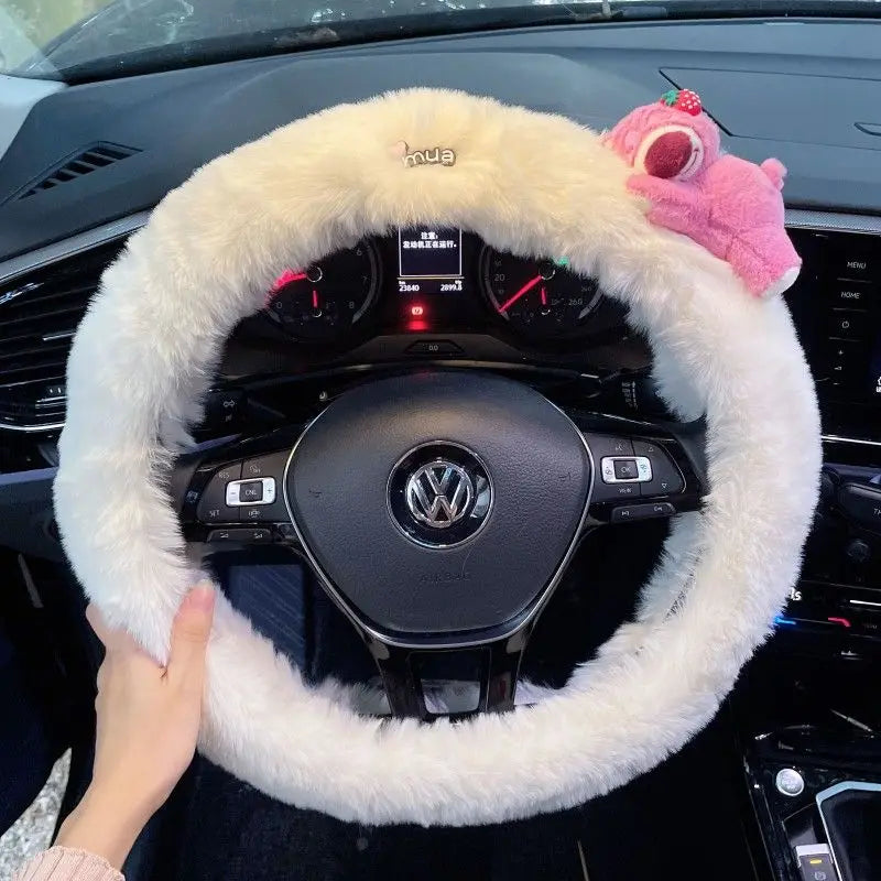Cute Cartoon Fur Steering Wheel Cover Winter Warm Car Handle Cover for Women FanzyMarket