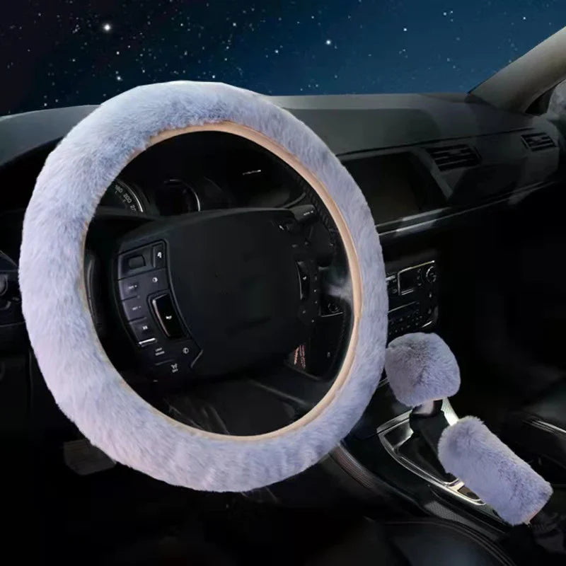 3-Piece Winter Rabbit Plush Car Steering Wheel Cover Set — Handbrake & Gear Lever Sleeves, Soft Fur Auto Interior Accessories FanzyMarket