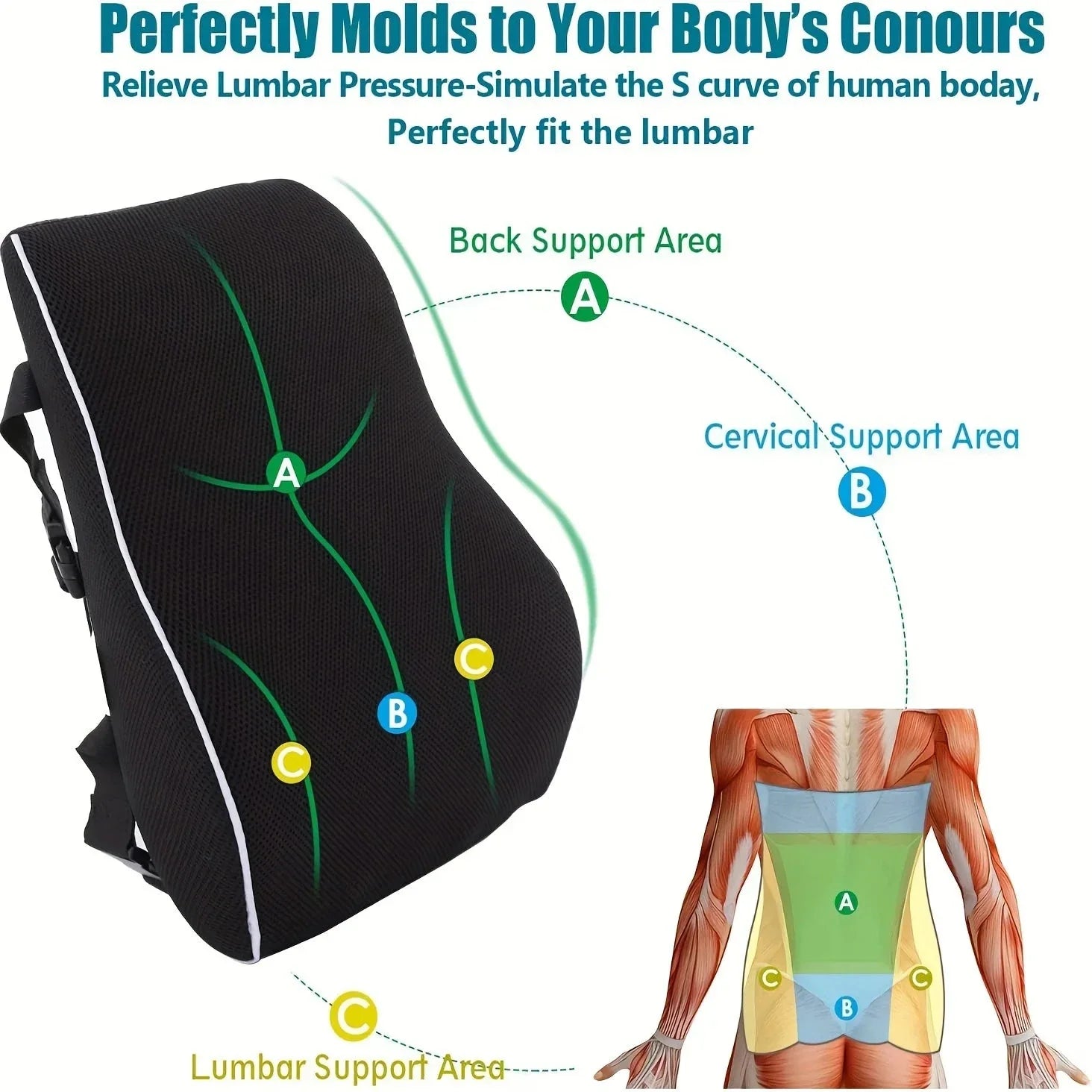 Ergonomic Memory Foam Lumbar Support Cushion – Back Pillow for Office Chair, Car, and Home Use Econic Blanks