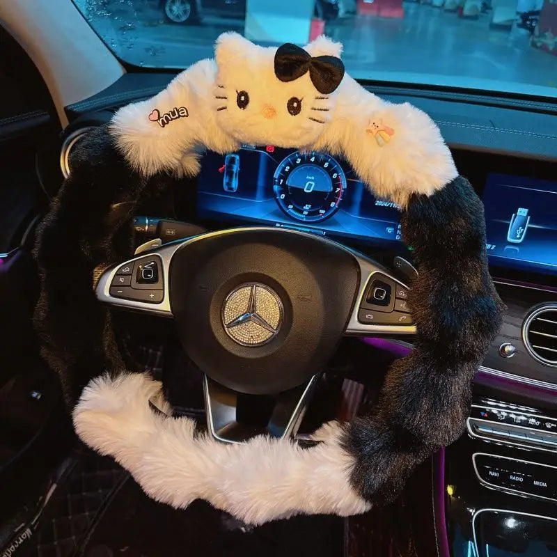 Kawaii Cat Plush Steering Wheel Cover – Winter Warm Soft Car Wheel Cover, Cute Interior Accessory FanzyMarket