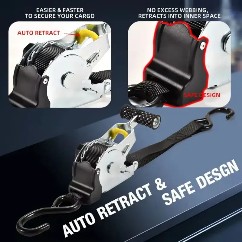 Gm Service Guy auto cargo straps with ratchet tensioner, black retractable motorcycle and car load tie-down belts on a white background