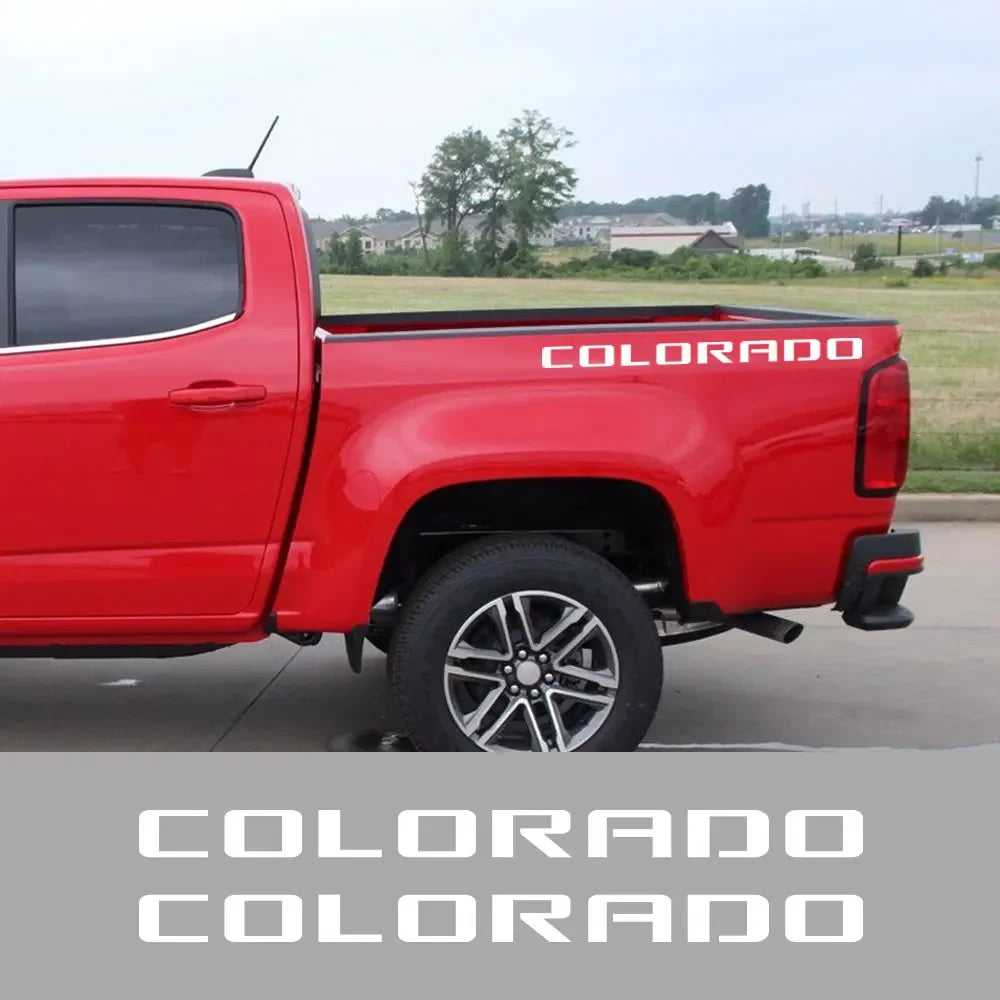 Two-piece Chevrolet Colorado rear trunk side decal vinyl graphic in black for pickup trucks, by Quality Prints USA.