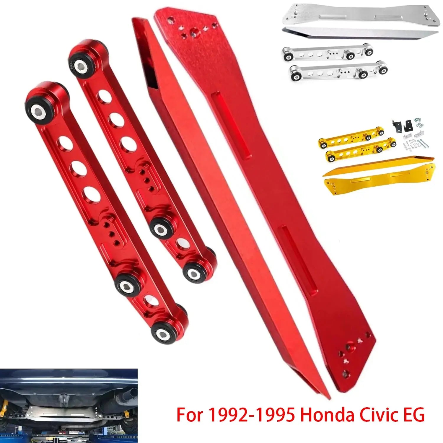 red gold Silver Rear Subframe Brace + Tie Bar + Lower Control Arm For Honda Civic EG 1992-1995 suspension performance parts Gm Service Guy