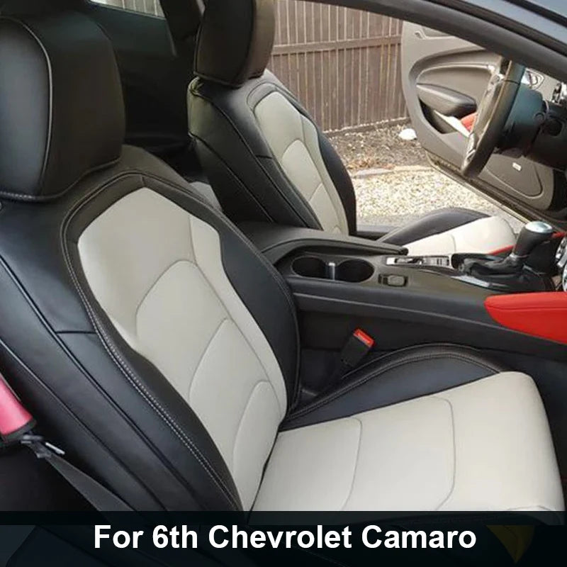 Chevrolet Camaro 2016-2024 custom-fit artificial leather seat covers, full set with detailed stitching, brand Gm Service Guy.