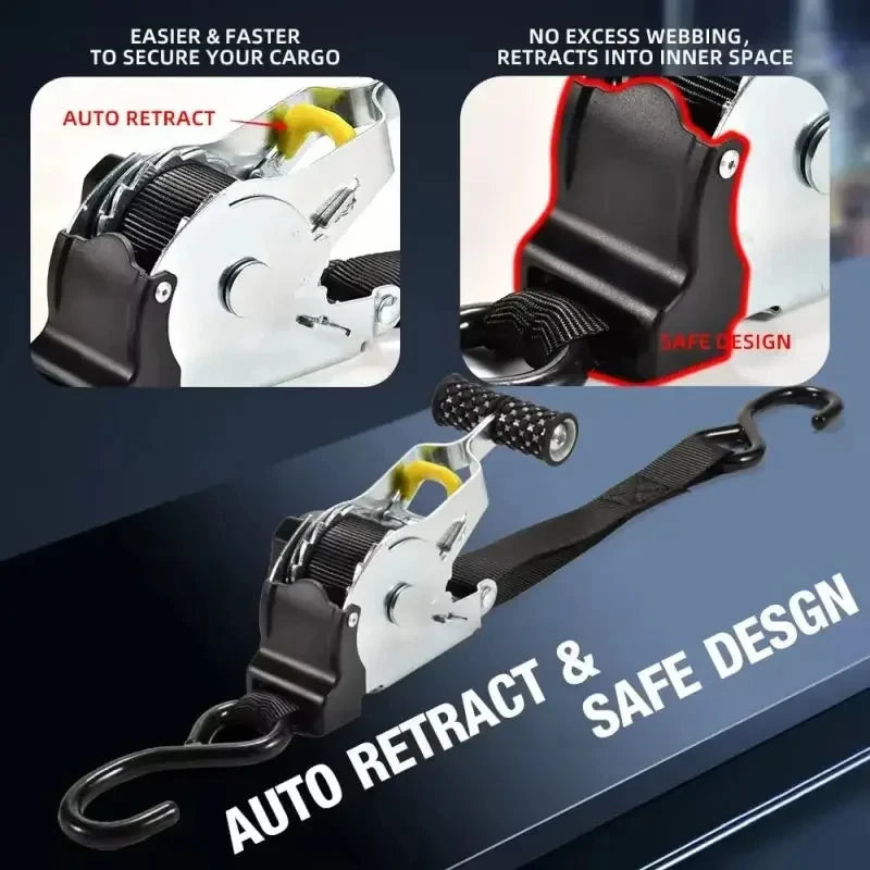 Gm Service Guy motorcycle cargo strap with ratchet tensioner, retractable load and luggage belt for secure transportation.