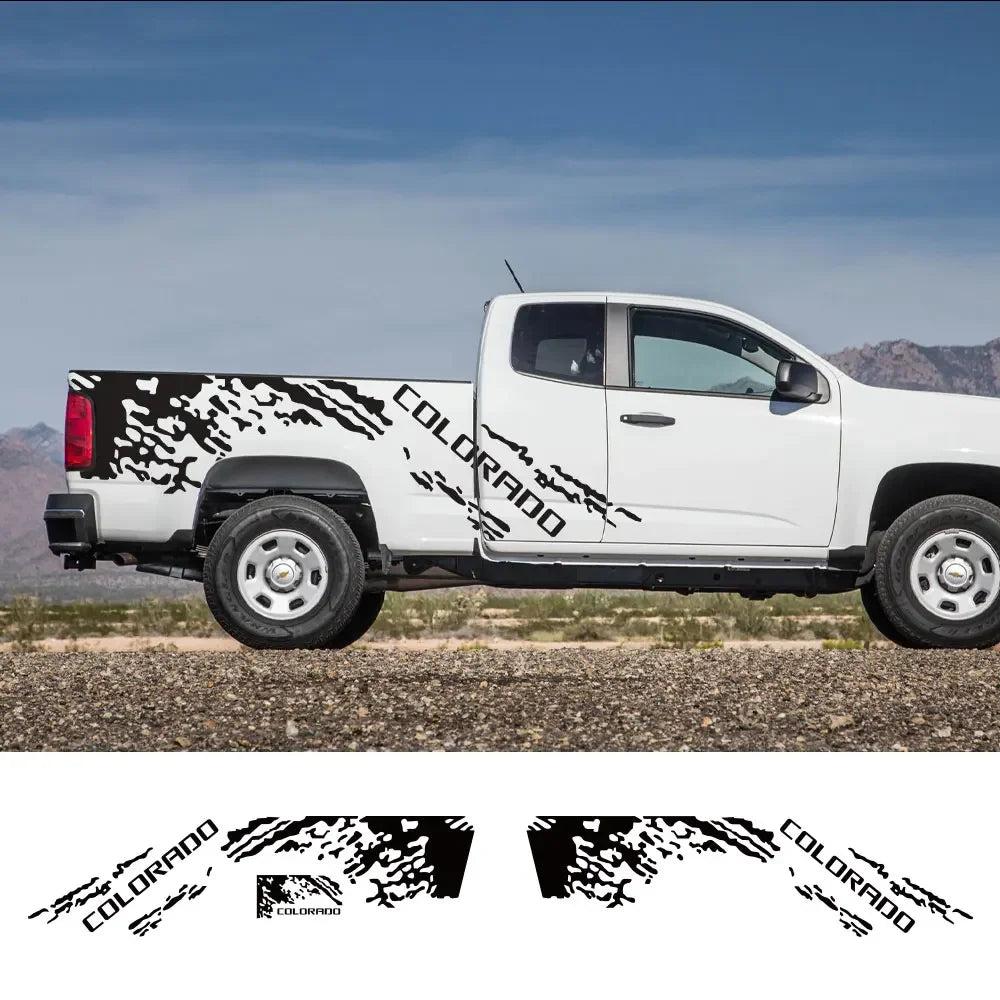 Three-piece matte vinyl Chevrolet Colorado Z71 splash grunge body side decal kit by Quality Prints USA, shown on vehicle side.