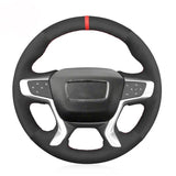 Black artificial suede hand-stitched steering wheel cover for GMC Acadia, Canyon, and Terrain models from 2015 to 2022.