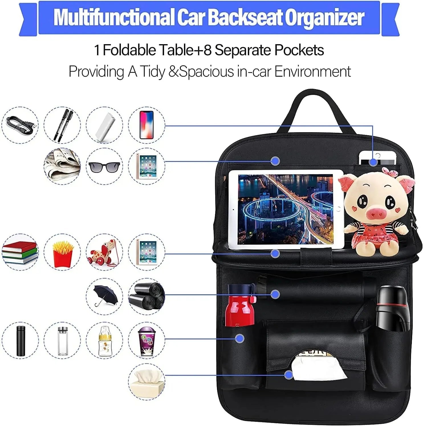 Car Seat Back Organizer with Foldable Table Tray – PU Leather Storage Econic Blanks