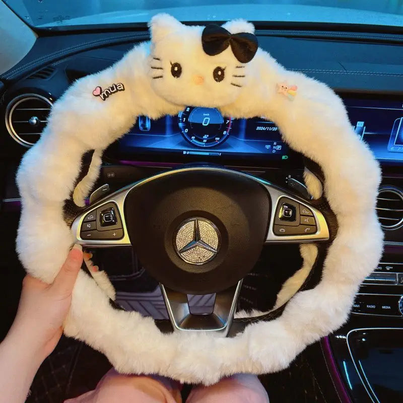 Kawaii Cat Plush Steering Wheel Cover – Winter Warm Soft Car Wheel Cover, Cute Interior Accessory FanzyMarket