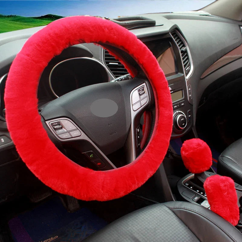 3-Piece Winter Rabbit Plush Car Steering Wheel Cover Set — Handbrake & Gear Lever Sleeves, Soft Fur Auto Interior Accessories FanzyMarket