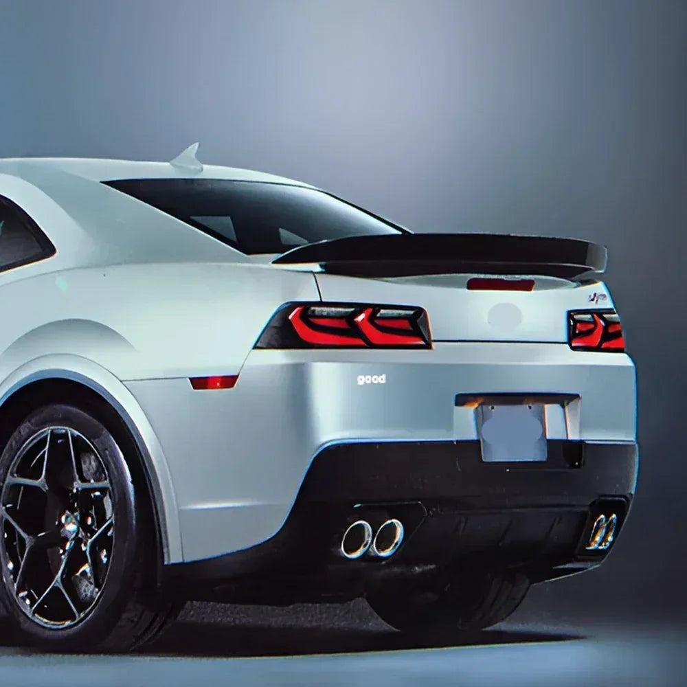Chevrolet Camaro 2014-2020 rear LED taillights assembly showing bright red brake and turn signal lights, upgrade car taillight accessories.