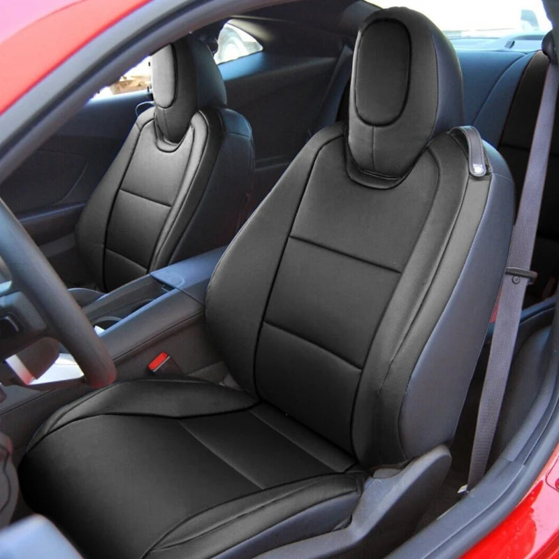 Full set of custom-fit Chevrolet Camaro seat covers in premium artificial leather, designed for 2016-2024 models.