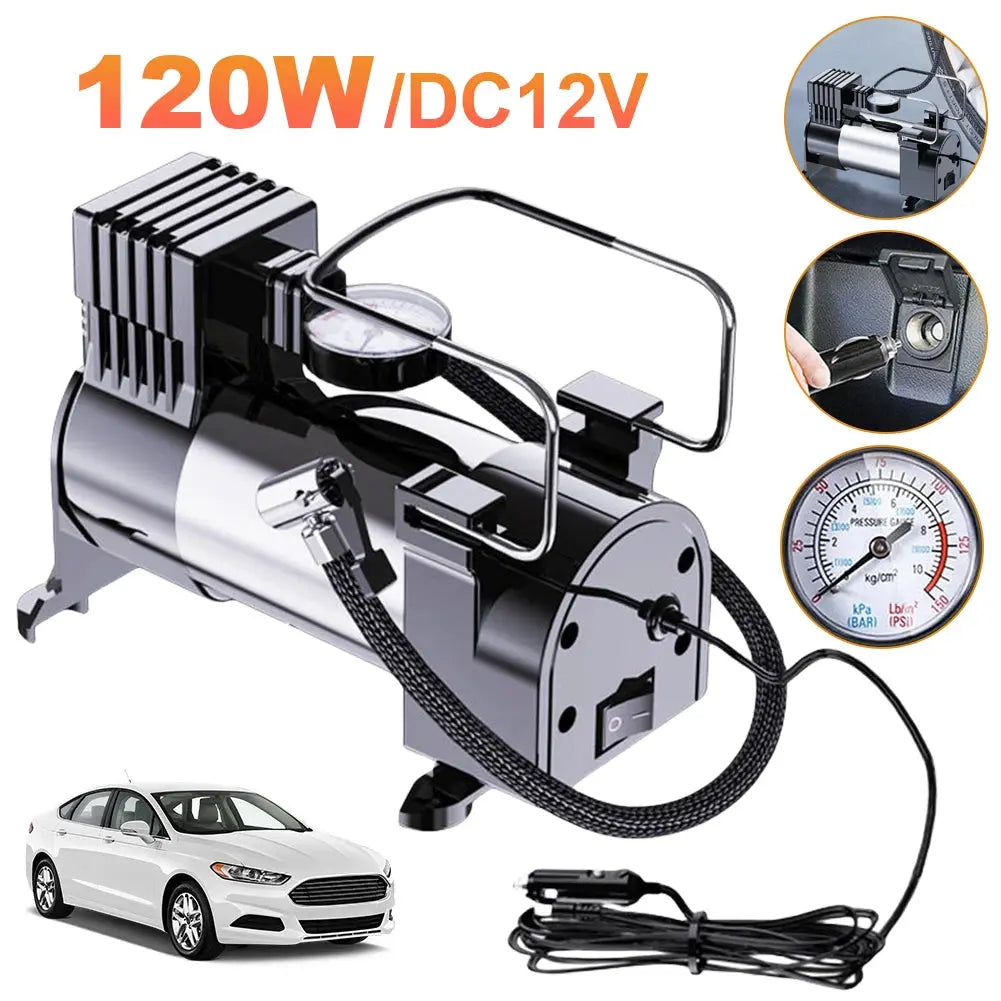12V Portable Air Compressor with Pressure Gauge Car Tire Pump Cylinder Power System Mini Air Compressor Car Tire Inflatable Pump Gm Service Guy