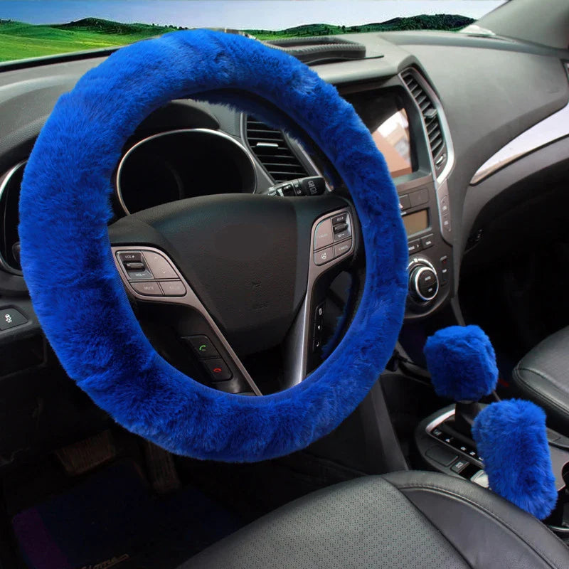 3-Piece Winter Rabbit Plush Car Steering Wheel Cover Set — Handbrake & Gear Lever Sleeves, Soft Fur Auto Interior Accessories FanzyMarket