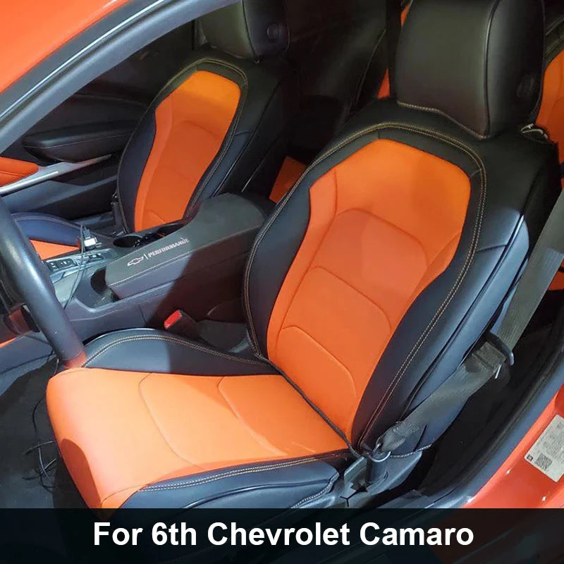 Full set of custom-fit Chevrolet Camaro car seat covers, premium artificial leather, designed for 2016-2024 models by Gm Service Guy