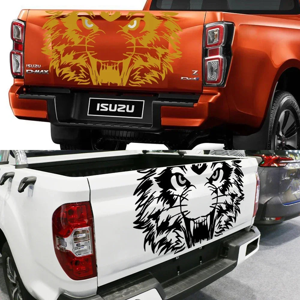 Tiger tailgate graphic decal for trucks, featuring bold tiger design, suitable for Ford F-150, Silverado, RAM, Toyota Hilux, and more.