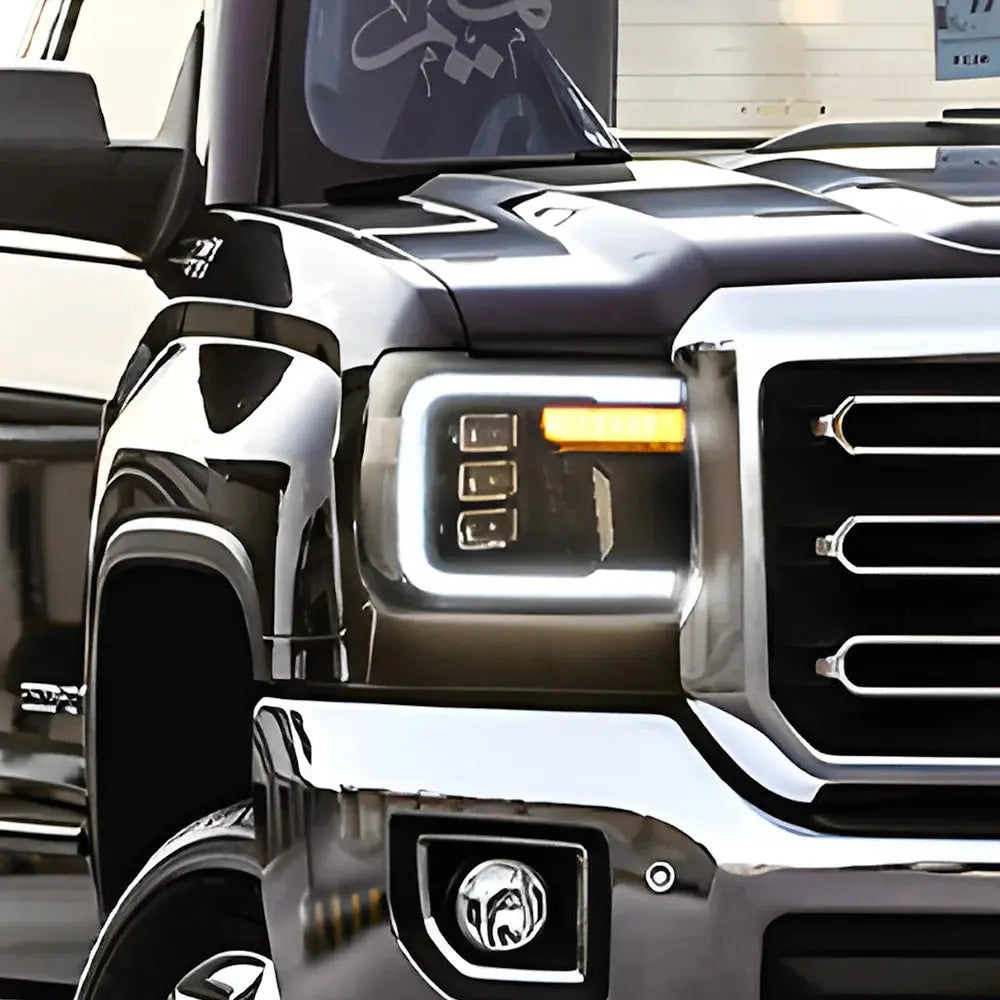 GMC Sierra 2007-2013 LED headlight assembly with dynamic triple lens upgrade, high-quality front car headlights by GM Service Guy