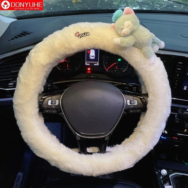 Cute Cartoon Fur Steering Wheel Cover Winter Warm Car Handle Cover for Women FanzyMarket