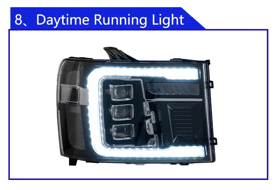 GMC Sierra 2007-2013 LED headlight assembly with dynamic triple lens, high-quality upgrade by Gm Service Guy.