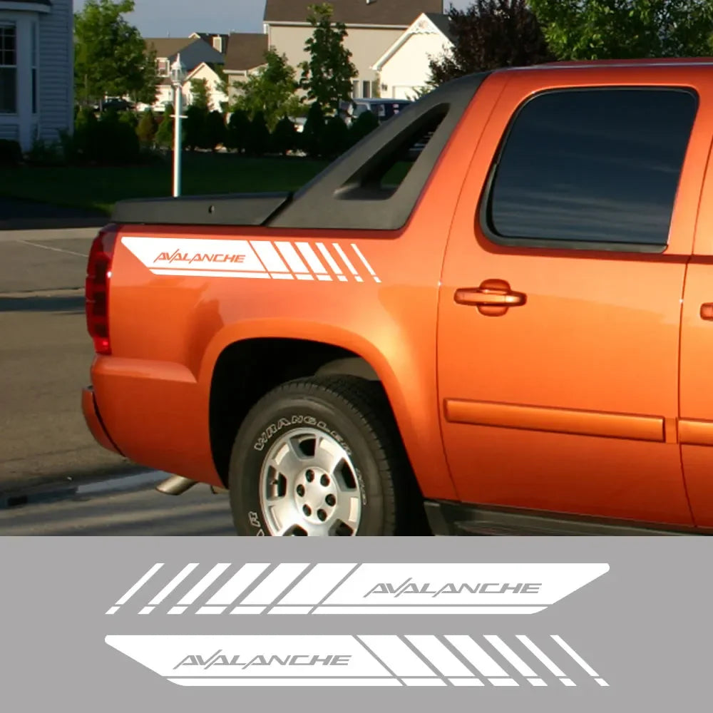 Set of two Chevrolet Avalanche rear trunk side decals from Quality Prints USA, vinyl truck graphics for vehicle customization.