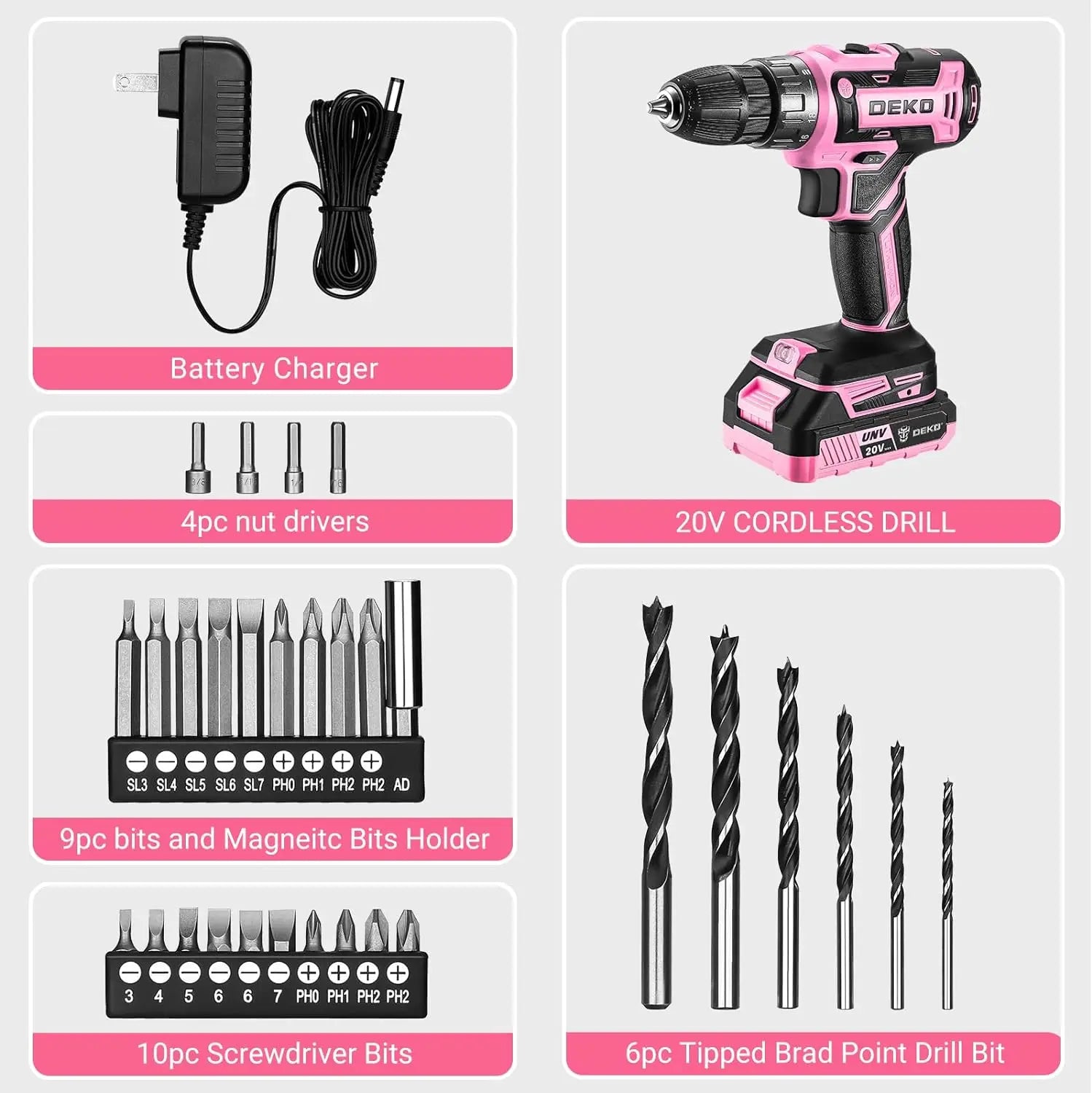 Pink Cordless Drill 20V 1.5Ah Electric Drill Set - Compact Lightweight Power Drill with Battery, Charger & Bits for Women FanzyMarket