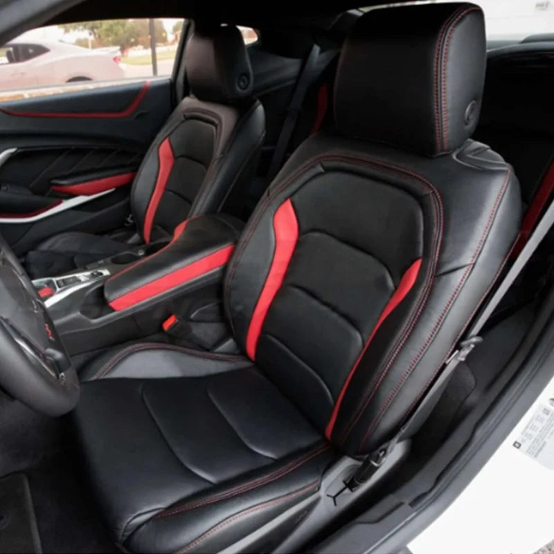 Custom fit Chevrolet Camaro seat covers in premium artificial leather, designed for 2016-2024 6th Gen Camaro interior.