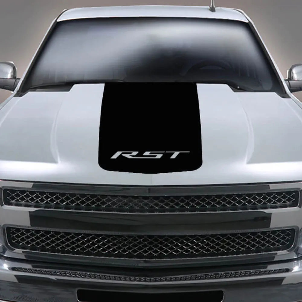 Chevrolet Silverado RST hood decal by Quality Prints USA, vinyl truck sticker with bold motor decor design.