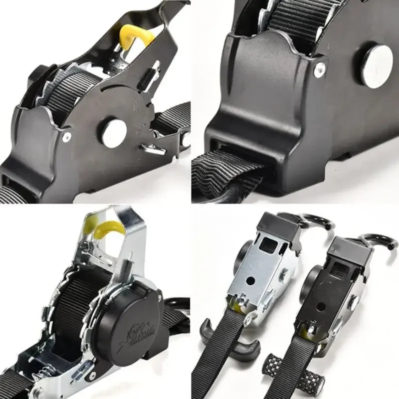 Gm Service Guy auto cargo straps with retractable belts and ratchet tensioner for motorcycles, cars, and luggage security.
