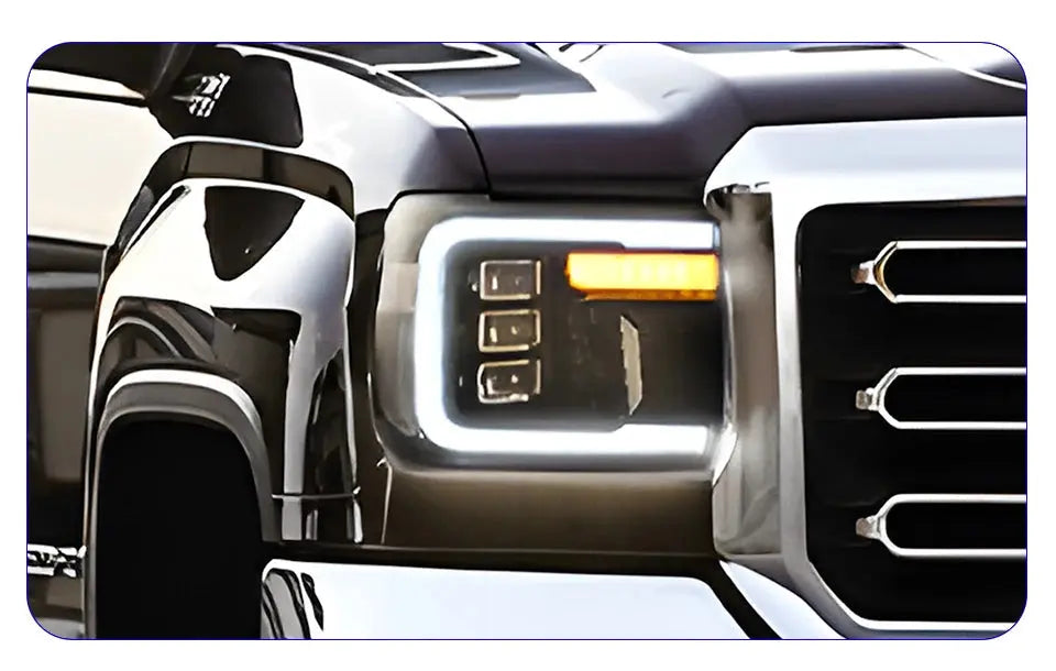 GMC Sierra 2007-2013 LED front headlight assembly with dynamic triple lens, high-quality upgrade by Gm Service Guy.