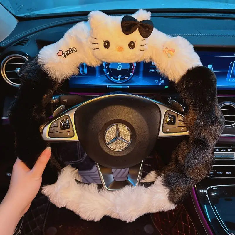 Kawaii Cat Plush Steering Wheel Cover – Winter Warm Soft Car Wheel Cover, Cute Interior Accessory FanzyMarket