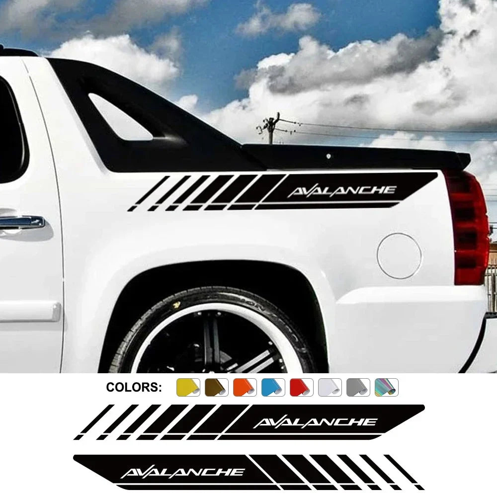 Rear trunk side decal set for Chevrolet Avalanche, vinyl truck graphics by Quality Prints USA, featuring two stylish vehicle decals