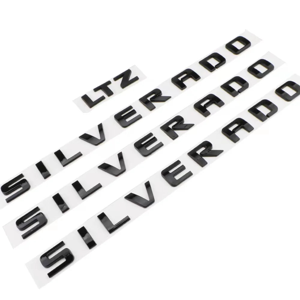 Silver Chevrolet Silverado LTZ ABS letters emblem with GM Service Guy logo, fender truck badge, car styling nameplate sticker.