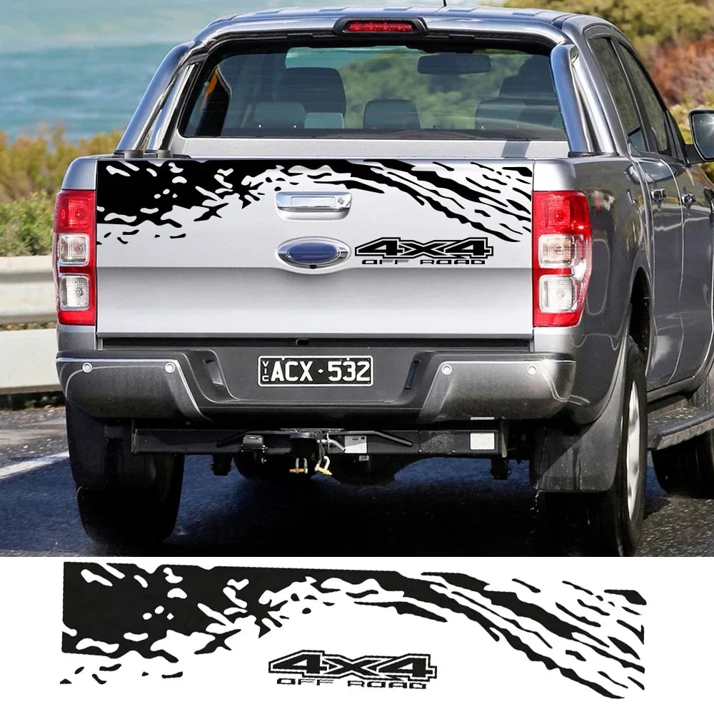 Universal 4x4 off-road tailgate decal for Ford Ranger, Isuzu D-Max, Chevy, VW Amarok, Toyota Hilux, and more vehicles.