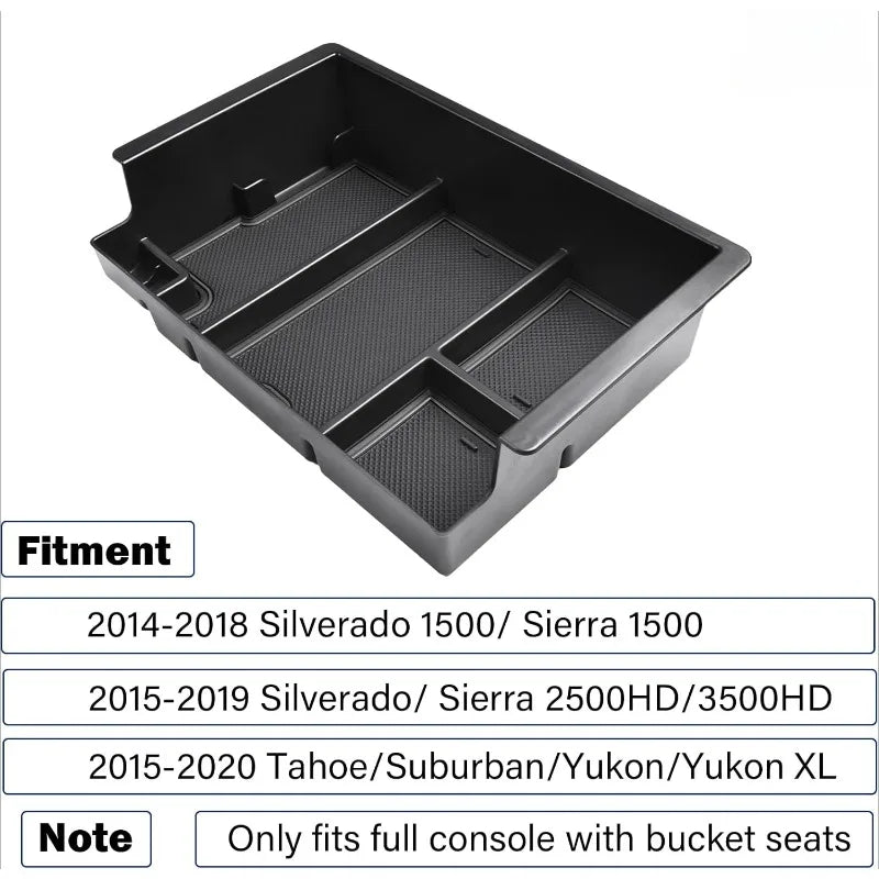 Upgraded Gm Service Guy console organizer tray for Chevy Silverado and GMC Sierra 1500-3500HD, fits 2014-2018 models.