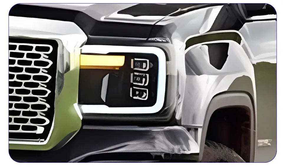 GMC Sierra 2007-2013 LED headlight assembly with dynamic triple lens, high-quality upgrade for front lighting.