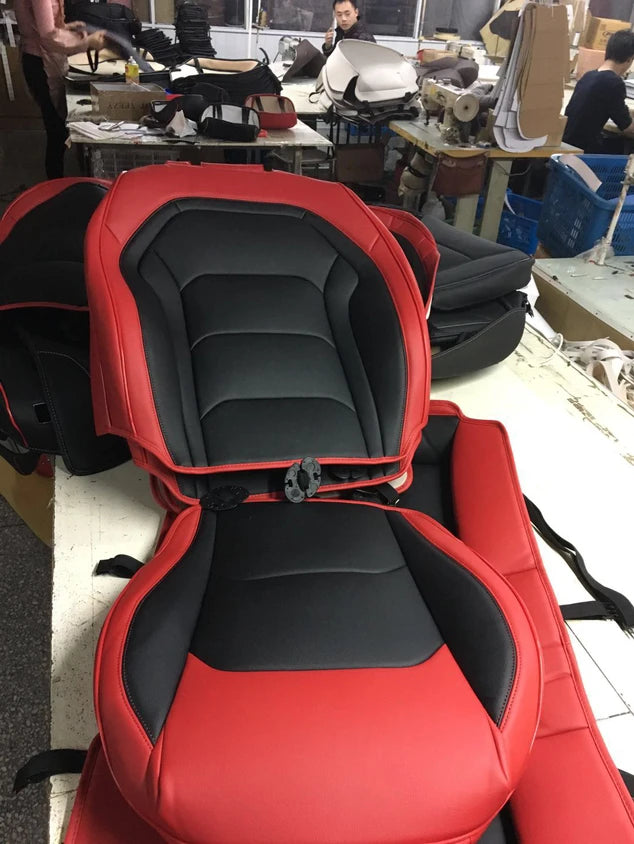 Full set of custom-fit Chevrolet Camaro car seat covers made of premium artificial leather, designed for 2016-2024 models.