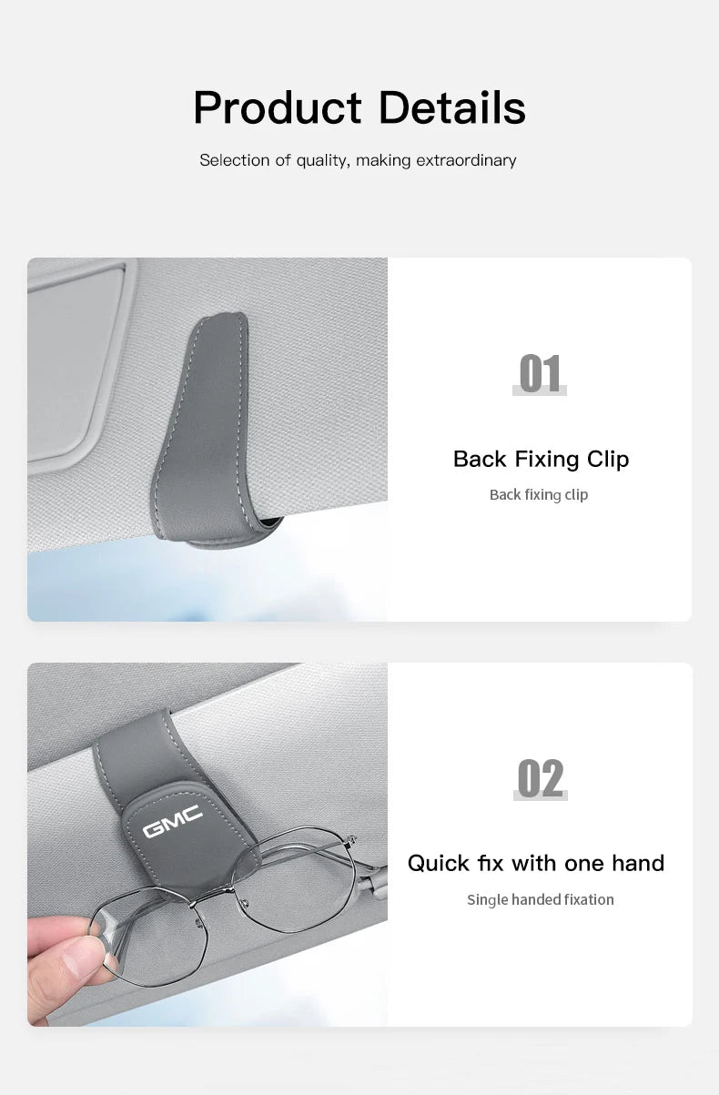 GMC car sunglasses holder accessory for Terrain, Sierra, Yukon, Acadia, Hummer, and more, mounted on vehicle interior.