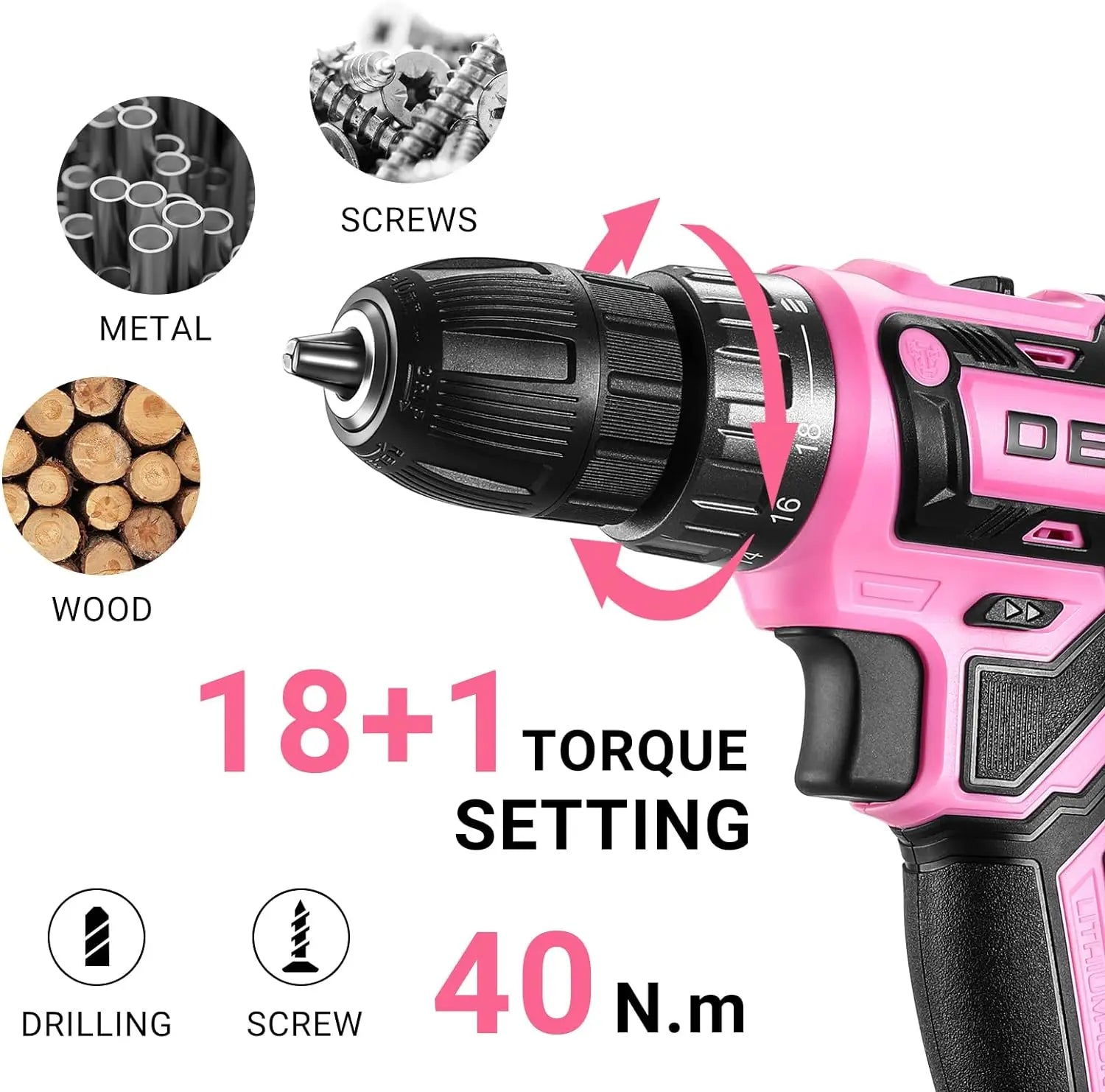 Pink Cordless Drill 20V 1.5Ah Electric Drill Set - Compact Lightweight Power Drill with Battery, Charger & Bits for Women FanzyMarket