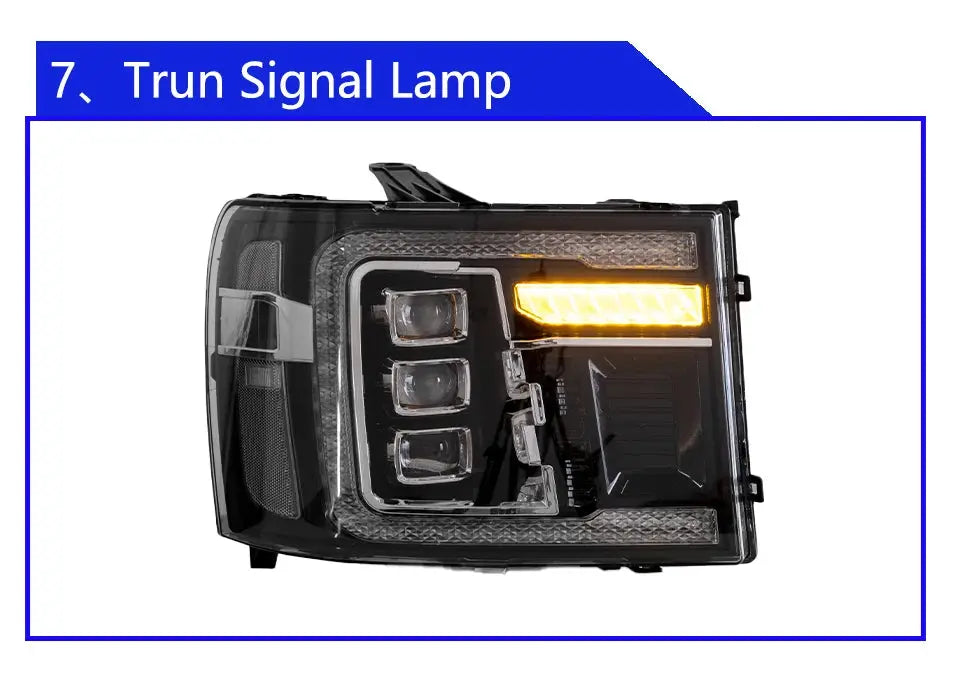 GMC Sierra 2007-2013 LED front headlight assembly with high-quality dynamic triple lens, installed on the vehicle.
