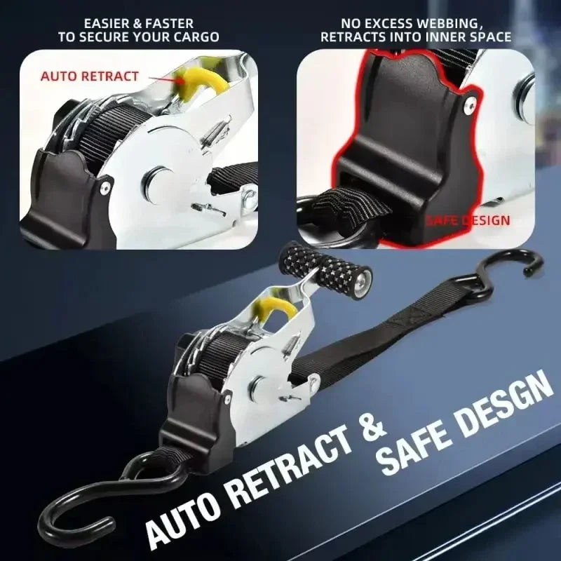 Heavy-duty Gm Service Guy auto-retractable ratchet strap with S-hook for secure cargo lashing on trucks, motorcycles, and luggage.