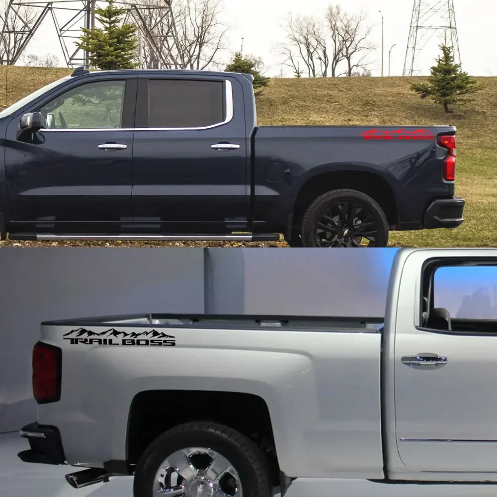 Chevrolet Silverado 1500 Trail Boss mountain body side decal, 2-piece vinyl trunk sticker, Quality Prints USA vehicle decal.