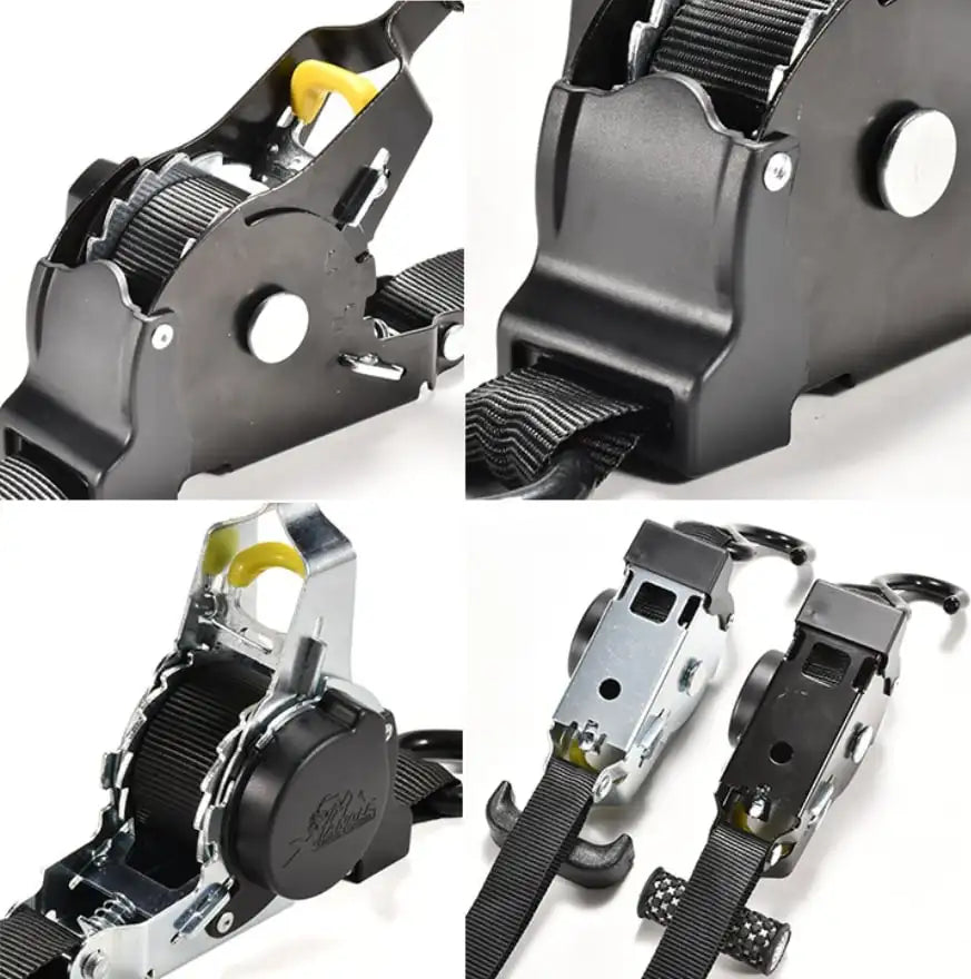 Gm Service Guy auto cargo straps with retractable belts and ratchet tensioner for motorcycle and car load securing.