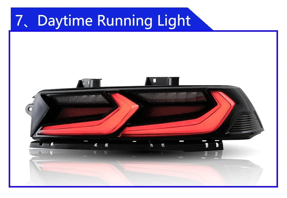 Chevrolet Camaro 2014-2020 rear LED taillights assembly with turn signal and brake light, upgraded automotive lighting by GM Service Guy.