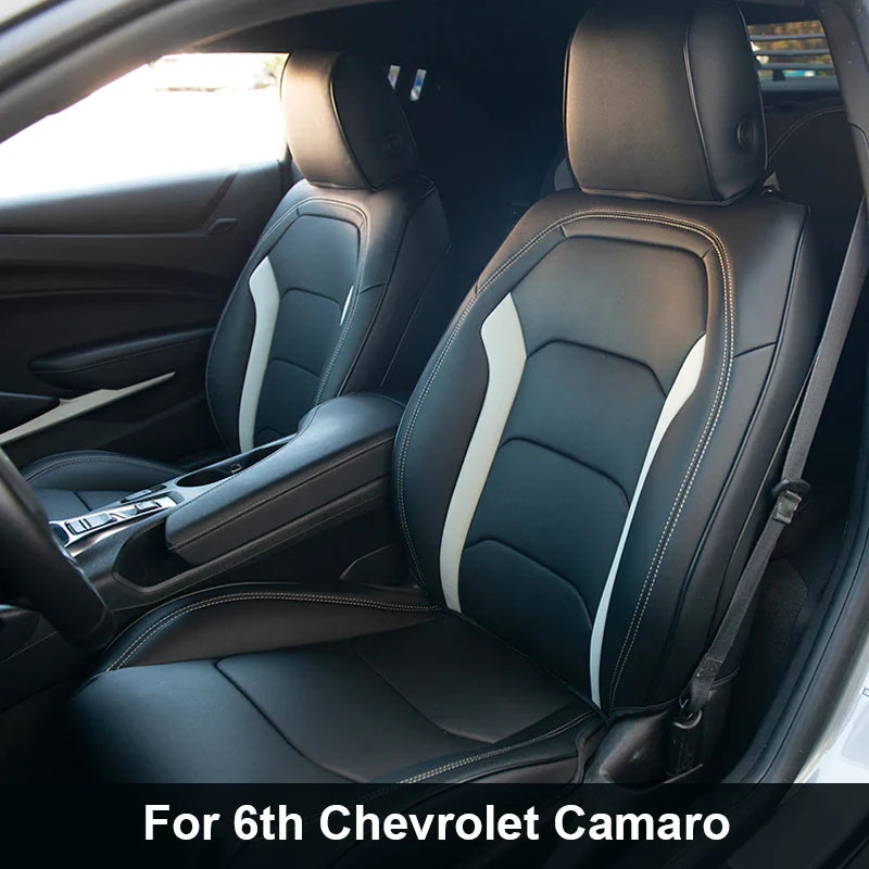 Full set of Chevrolet Camaro seat covers in premium artificial leather, designed for 2016-2024 models, by Gm Service Guy.
