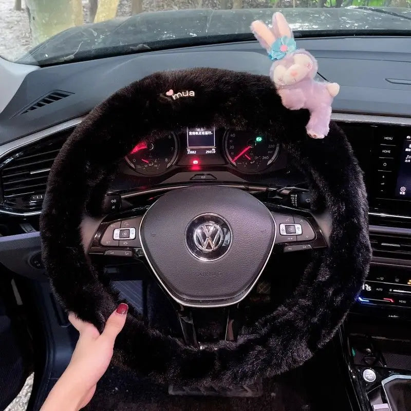 Cute Cartoon Fur Steering Wheel Cover Winter Warm Car Handle Cover for Women FanzyMarket