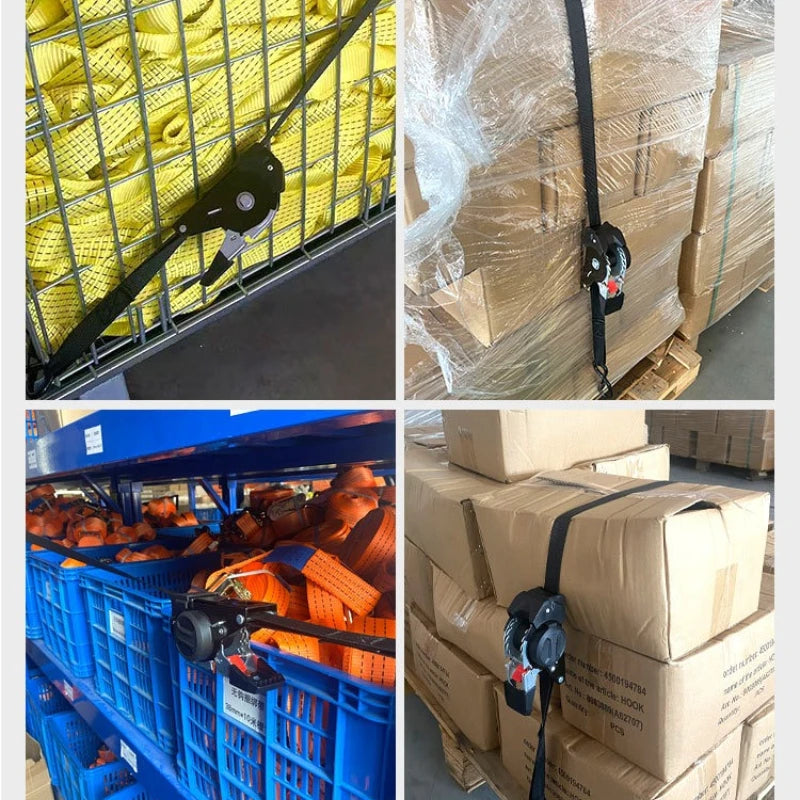 Gm Service Guy auto cargo straps with retractable belts and ratchet tensioner, used for motorcycle and car load securing.