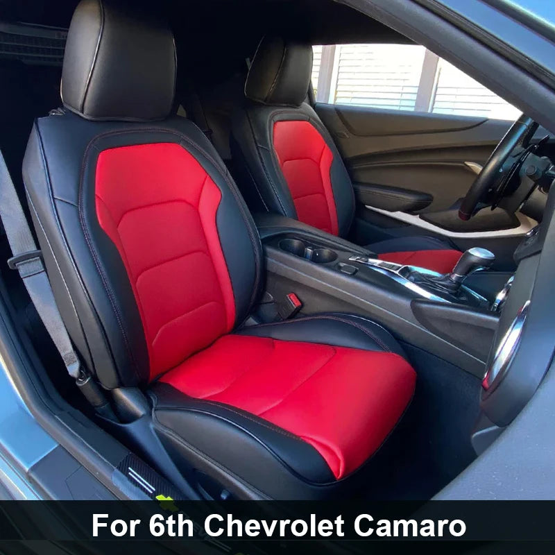 Set of custom-fit Chevrolet Camaro seat covers made from premium artificial leather, designed for 2016-2024 models.